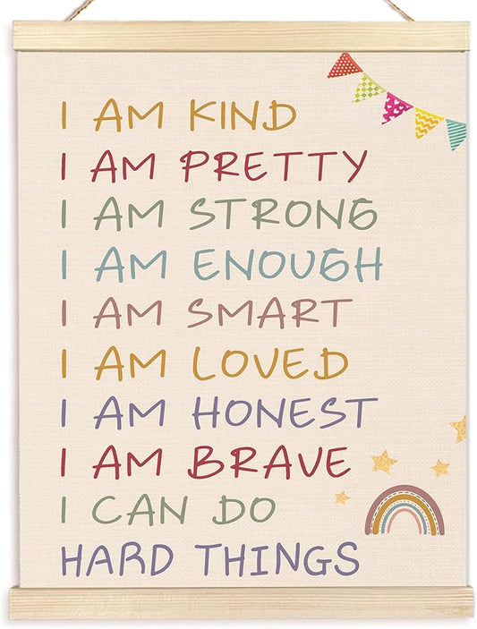 BESERH Positive Affirmations for Kids Wall Art Posters, Boho Rainbow Nursery Decor, I Am Kind Pretty Strong Inspirational Canvas Prints Artwork Framed for Toddler Room Nursery Playroom, 12x16 Inch