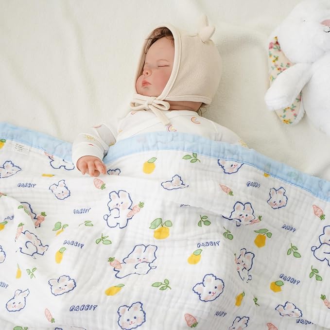 Muslin Baby Blankets, Nursery Blankets for Boys Girls, Swaddle Blankets Neutral Soft Lightweight Toddler and Kids Throw Blankets (Lemon Bunny)