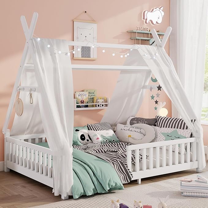 Montessori Bed Full Size with Light and Slats, Wood Teepee Floor Bed for Kids Boys Girls,House Bed Frame with Rails & Roof,No Box Spring Needed, White