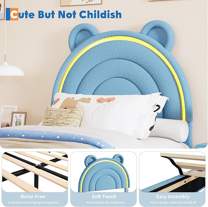 Garvee Twin Size Bed Frame with 4 Storage Drawers & LED Lights, Velvet Upholstered Platform Bed with Rainbow Headboard for Kids/Boys, Solid Wood Slats Support, No Box Spring Needed, Blue
