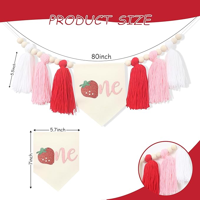 Strawberry 1st Birthday Decor - Sweet One Tassels Highchair Banner - Berry Tassels High Chair Banner For Kids Party - Baby Girl Berry Birthday Decoration - Strawberry High Chair Banner For Photo Booth Props