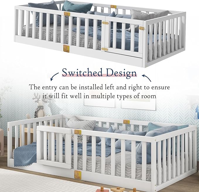 Tatub Twin Montessori Floor Bed with High Rails, Solid Wood Montessori Bed Frame for Kids, Door Can Install Left and Right, Twin-White