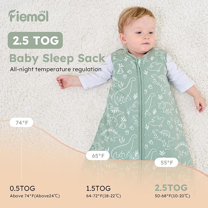 Baby Sleep Sack 6-12 Months, 2.5 TOG Cotton Winter Baby Wearable Blanket with 2-Way Zipper, Warm Soft Sleeping Bag for Newborn Infant Boy Girl, Medium Dinosaur