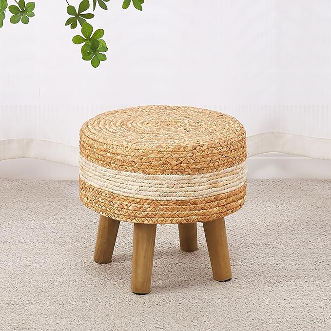 Cpintltr Round Ottoman Natural Seagrass Footstool Hand Weave Water Hyacinth Poufs Eco Friendly Sofa Foot Stool Soft Step Stool Padded Foot Rest with Pine Legs for Living Room (White)