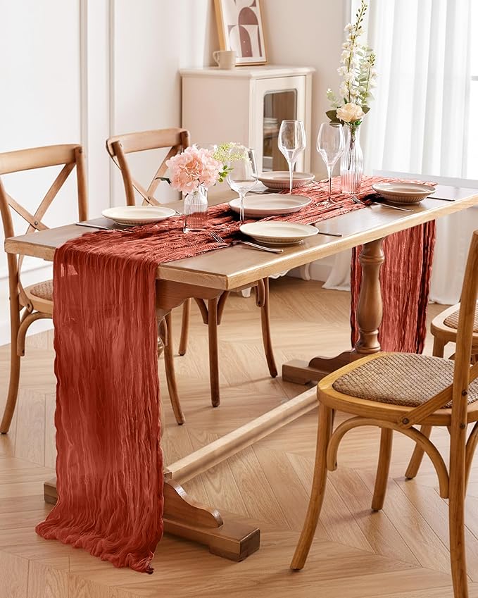 Pureegg 2-Pack Fall Thanksgiving Table Runner, 120'' Boho Table Cloth Decorations for Party, Baby Shower, Wedding and Farmhouse, Fabric Room Decor, Rust, Terracotta
