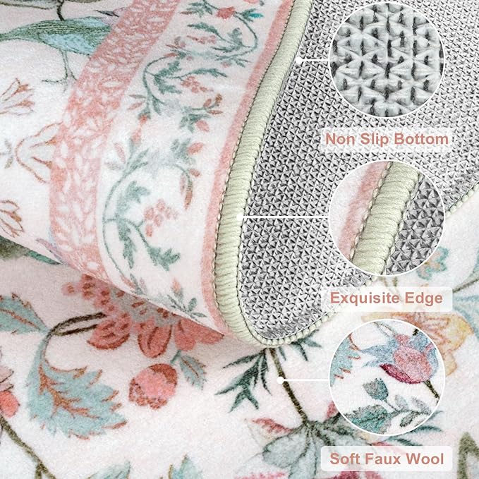 Washable Floral Area Rug, 4x6 Pink Girls Bedroom Rug Soft Non-Slip Botanical Living Room Rugs, Ultra Thin Modern Boho Flower Birds Throw Carpet for Kitchen Entryway Nursery Foyer