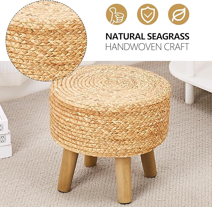 Cpintltr Round Ottoman Natural Seagrass Footstool Hand Weave Water Hyacinth Poufs Eco Friendly Sofa Foot Stool Soft Step Stool Padded Foot Rest with Pine Legs for Living Room (Natural)