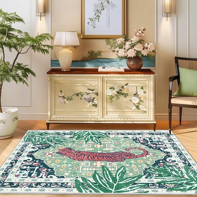 Green 3x5 Tiger Rug Washable Non-Slip Boho Vintage Jungle Rug Whimsical Animal Print Soft Cozy Tropical Woodland Carpet for Bedroom Laundry Room Kitchen Hallway Entryway