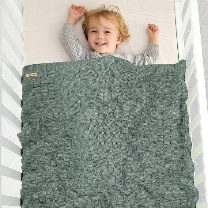 LAWKUL Green Baby Blankets Knitted Cable Babe Blanket Soft Airy Newborn Infant Receiving Swaddle Boy Girl Stroller 40"x30"