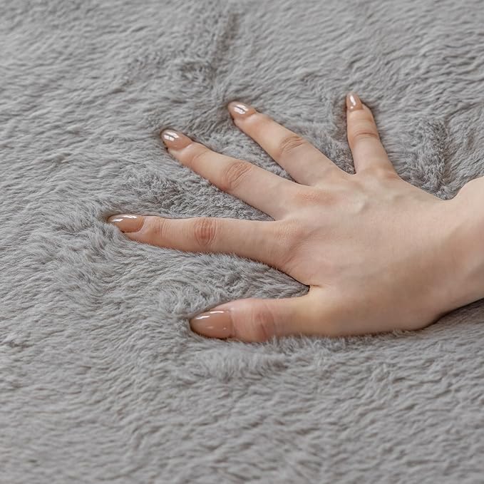 Loartee Faux Rabbit Fur Rug - 1.18" Thick Soft Fluffy Area Rug, Non-Slip Memory Foam Crawling Mat, Light Gray, 59"x59"