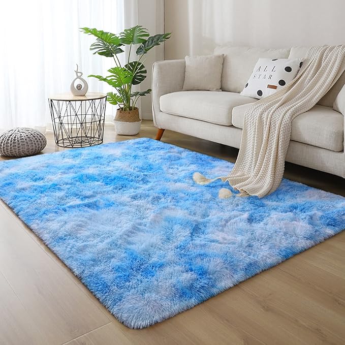 DweIke Fluffy Blue Shag Rugs for Bedroom Living Room, 6x9 Large Soft Plush Tie-Dyed Light SkyBlue Girls Boys Kids Rug, Upgraded Non-Slip and Machine Washable Carpet for Dorm Nursery Classroom Decor