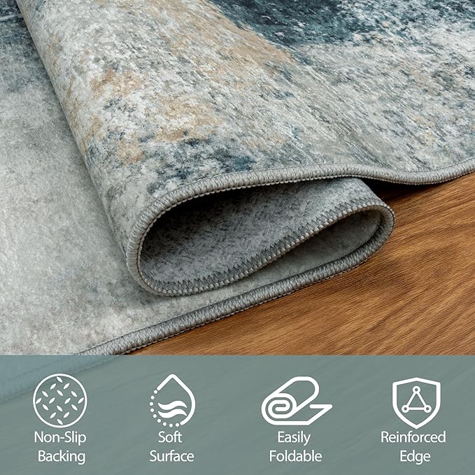 4x6 Area Rugs for Living Room Rug Washable: Abstract Rug for Dining Room Bedroom Carpet Non Slip 4 by 6 Indoor Modern Nursery Home Office Teal Grey Gold