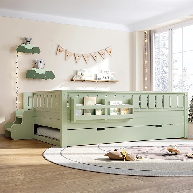 Bellemave Full Bed with Trundle and Stairs, Full Size Platform Bed Frame with Fence and Bookshelf, Easy Assemble Beds for Kids, Girls, Boys, Green