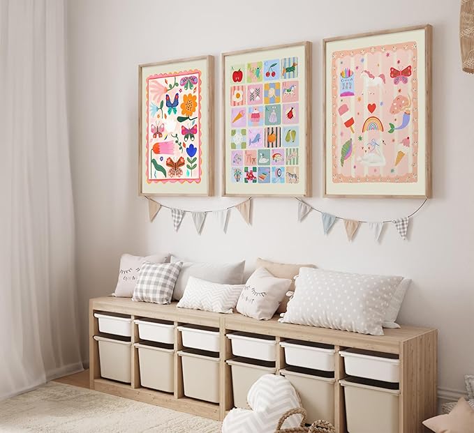Colourful Nursery Canvas Wall Art ABC Nursery Wall Decor Pink Butterflies and Flowers Painting Picture Pastel Girl Kid Rainbow Poster Print for little Girl's Bedroom Kids Room Babys Playroom, Unframed