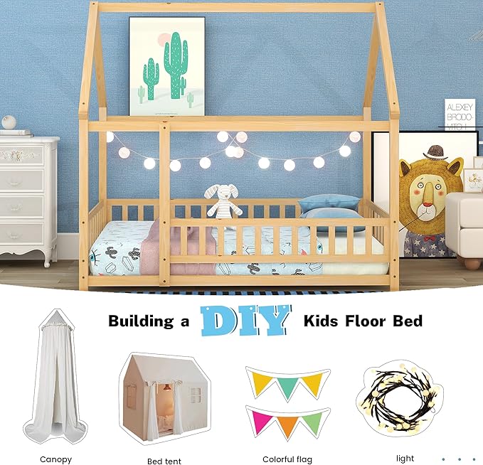 Bellemave Full Size House Bed for Kids,Solid Wood Floor Bed, Montessori Floor Bed with Fence and Roof,Playhouse Full Bed Frame for Girls,Boys(Full,Natural)