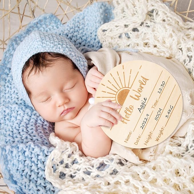 R HORSE Baby Birth Announcement Sign with Marker Pen, Boho Sun Baby Name Sign with Ink Pad for Hand and Footprints, Wooden Hello World Newborn Announcement Nursery Decor Keepsake Gifts