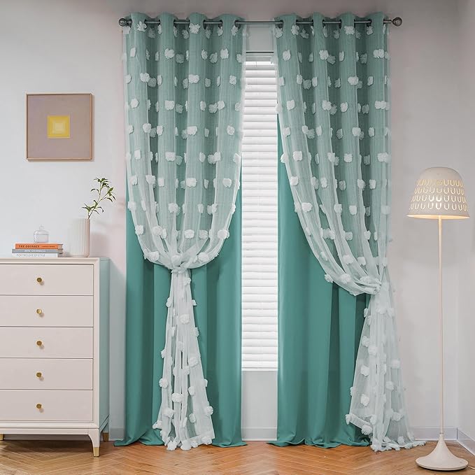 MYSKY HOME Room Darkening Curtains White Sheer Pom Pom Curtains for Living Room Teal Blackout Curtains for Sliding Door Decor Drapes Double Layer Window Panels Boys Bedroom Grommet Set of 2 W52 X L95