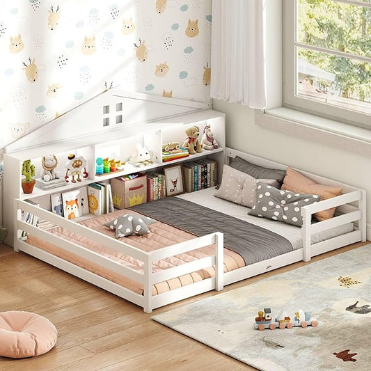 KOMFOTT Full Floor Bed with Bookcase & LED Light, Wood Bed Frame with Bedside Bookshelves & Guardrails, Versatile 2-in-1 Montessori Floor Bed for Kids