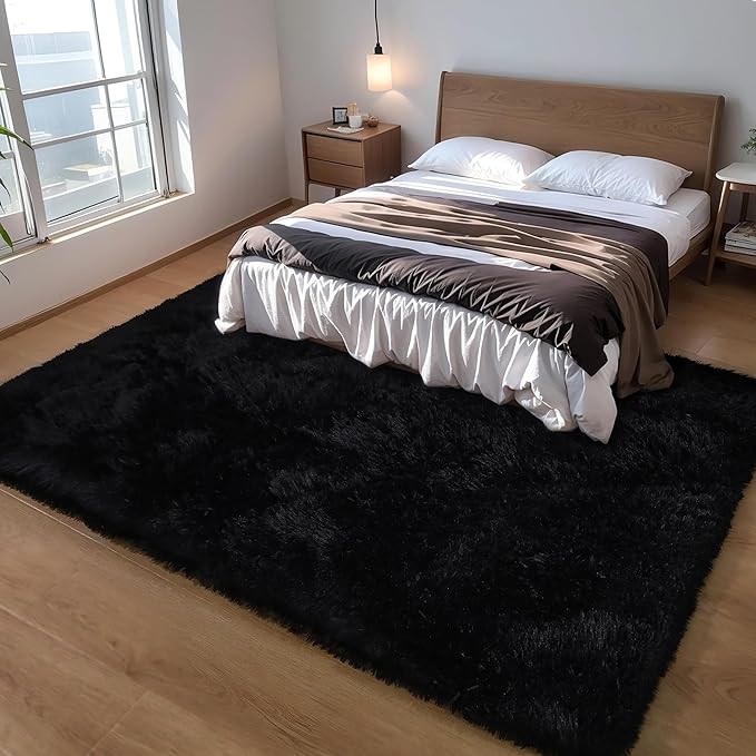5x8 Black Fluffy Shag Rug for Bedroom, Ultra Soft Plush Fuzzy Washable Non Slip Floor Cozy Carpet, Modern Comfy Furry Shaggy Area Rug for Living Room, Kids Baby Boys Girls Nursery Dorm