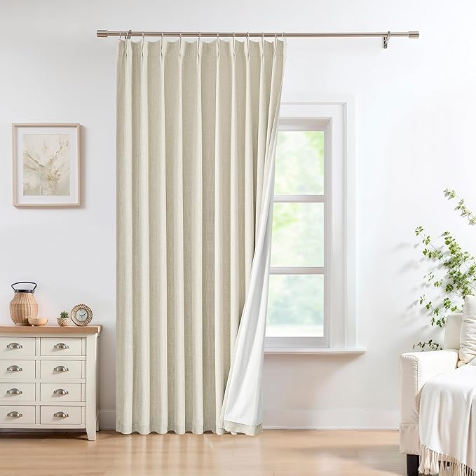 Pinch Pleated Full Blackout Curtains Linen Texture Noise Reducing Window Treatment Panel 102 Inches Long for Living Room Bedroom Thermal Insulated Back Tab Drapes with Hooks, Sand/Linen, 60"Wx102"Lx1