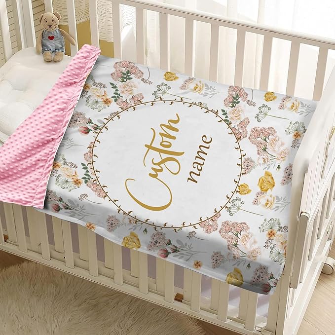 Personalized Baby Blankets for Girls, Custom Name Baby Blanket with Pink Flowers Design, Soft Receiving Blanket for Newborns and Toddlers, Ideal for Baby Showers and Nursery Decor