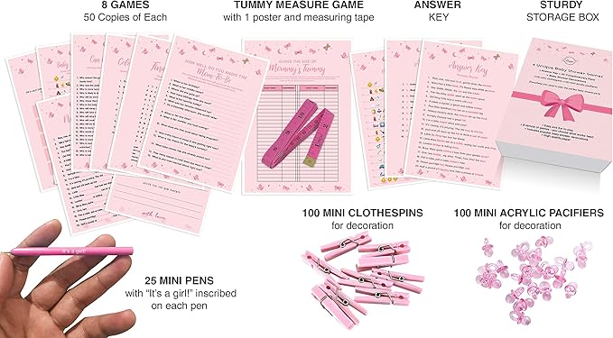 Dessie Baby Shower Games for Girls - Ultimate BabyShower Set - 9 Unique Girl Baby Shower Games, 100 Mini Clothespins, 100 Mini Acrylic Pacifiers, 25 Pens