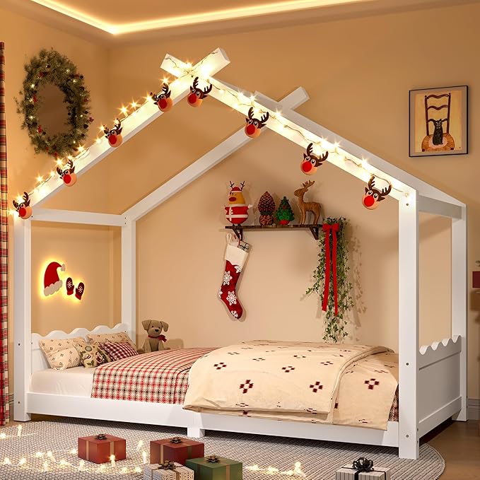 Twin Size Wooden House Floor Bed - Kids Bed Frame with Roof & Support Slats for Bedroom, No Box Spring Needed, Easy Assembly (White)