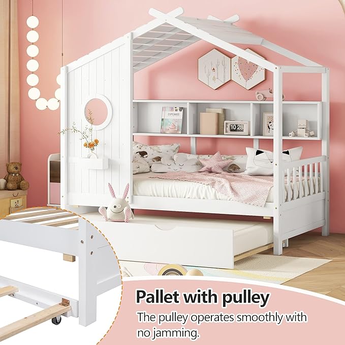 Harper & Bright Designs Twin House Daybed with Trundle & Storage Shelf, Twin Montessori Bed with Roof for Boys, Girls, Wooden Platform Bed Frame for Kids, White