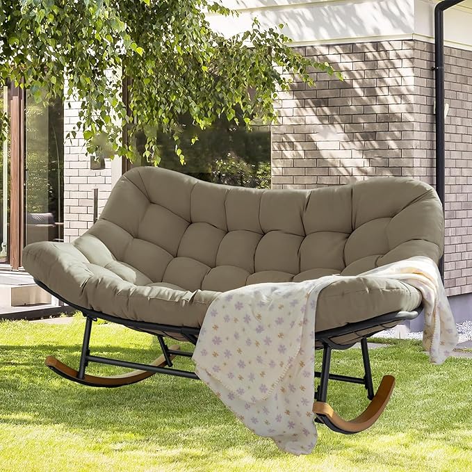 Double Papasan Rocking Chair Outdoor & Indoor, Oversized Rocking Reclining Loveseat with Thick Cushion and Frame, 660LBS Capacity Rocking Egg Chair for Patio Porch Living Room, Brown