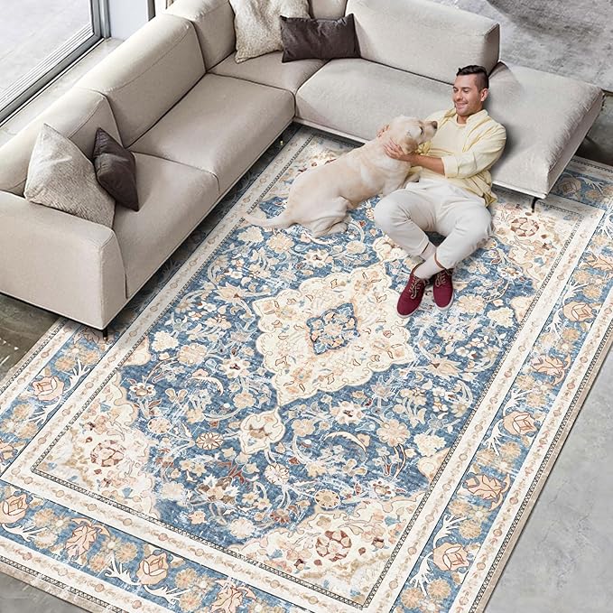Vhong Boho Area Rugs Washable Vintage Modern Neutral Large Carpet Blue 5×7 High Traffic Rugs for Dinning Room Living Room Bedroom Farmhouse Non Slip