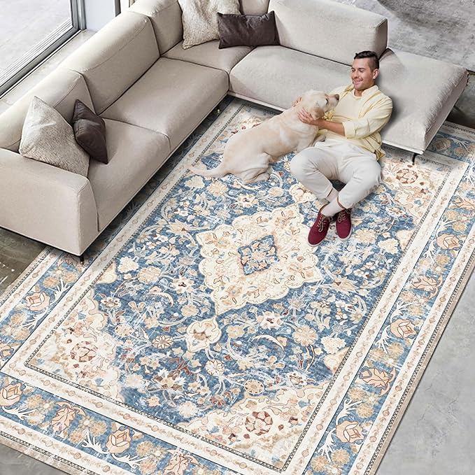 Vhong Boho Area Rugs Vintage Washable Modern Neutral Large Carpet Blue 8×10 High Traffic Rugs for Dinning Room Living Room Bedroom Farmhouse Non Slip