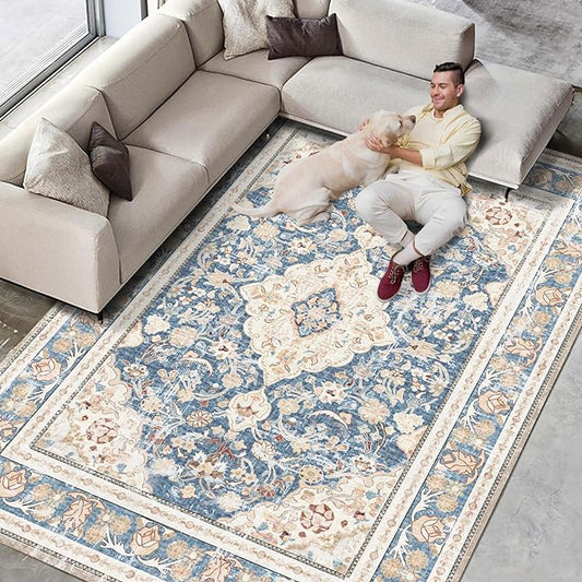 Vhong Boho Area Rugs Vintage Washable Modern Neutral Large Carpet Blue 8×10 High Traffic Rugs for Dinning Room Living Room Bedroom Farmhouse Non Slip