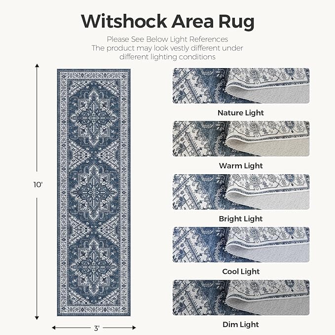 WITSHOCK Living Room Area Rugs 3X10: Washable Rug Boho Soft Non-Slip Low Pile Stain Resistant Foldable Carpet for Bedroom Playroom Dining Room Office Kitchen Farmhouse Home Decor Rug-Blue