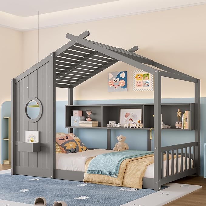 Twin Size Wooden Floor House Bed with Storage Shelf, Modern Design Kids Bed Frame with Roof and Window for Bedroom, Wood Slat Support, No Box Spring Needed, Easy Assembly (Grey)
