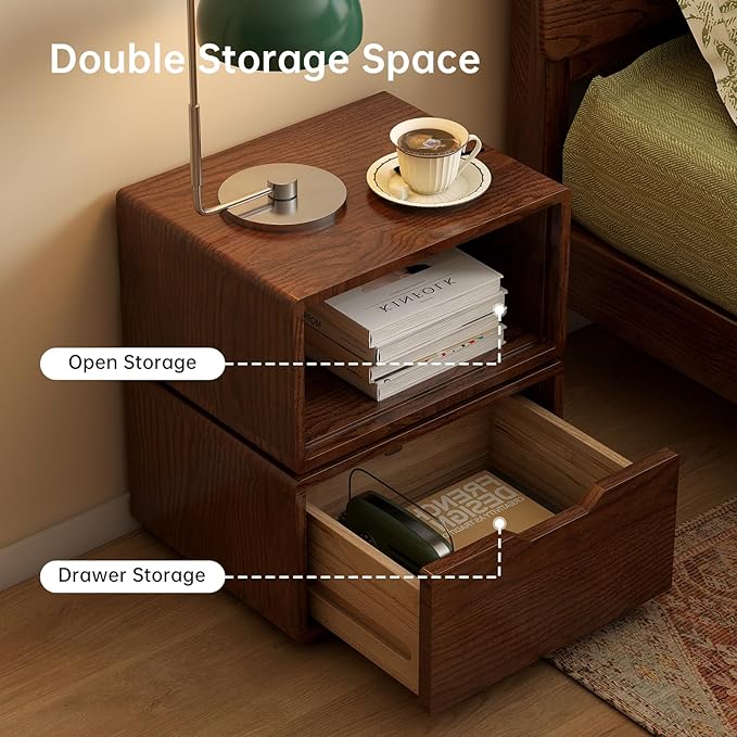 360° Rotatable Solid Oak Nightstand, Mid Century Modern Nightstand with Drawer, Small Swivel Side Table for Small Spaces, Wooden Bedside Tables for Bedroom, Living Room(Walnut,18.43" H)
