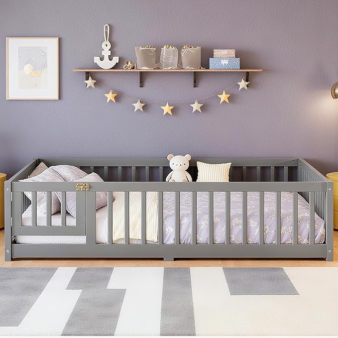 Bellemave Full Size Montessori Floor Bed Frame with Rails & Door, Solid Wood Kids Floor Bed Full with Removable Slats, Low Profile Montessori Bed for Children’s Sleep & Play, Grey