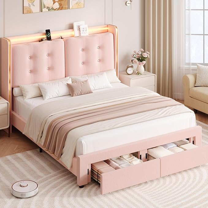 HITHOS Upholstered Queen Led Bed Frame with Charging Station and Storage Drawers, Velvet Princess Platform Bed Frames with Crystal-Button Tufted Headboard for Girls and Kids, No Box Spring Need, Pink