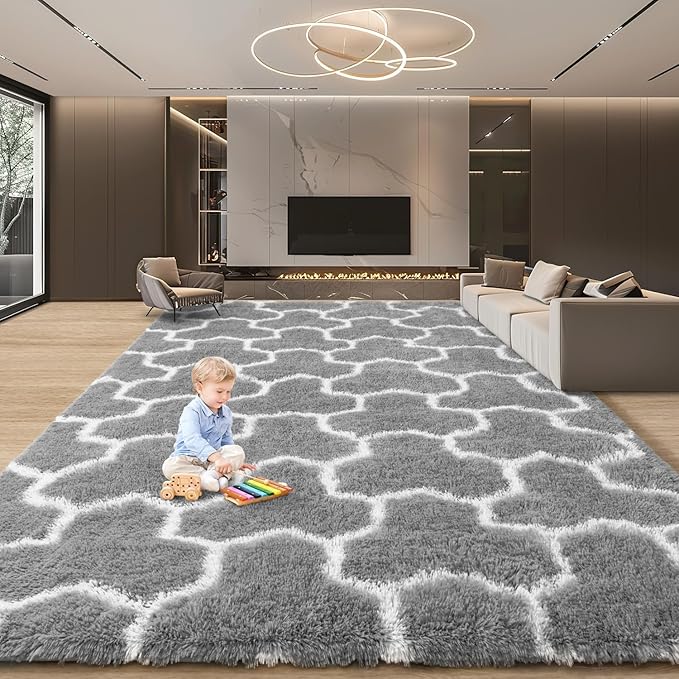 EVOIONOS 5x8 Washable Large Area Rug Living Room, Fluffy Shag Rug Bedroom Ultra Soft Plush Non Slip Carpet Indoor Floor Bedside Nursery Kids Girls Room Dorm Home Decor Aesthetic Grey White Geometric
