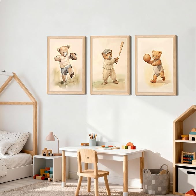 Framed Bear Wall Art Nursery Decor Set of 3, Cute Vintage Baby Bear Sports Pictures Wall Decor, Nursery Animal Poster Prints, Wild Animals Canvas for Children Bedroom Boy Room Decoration – 16x24 inch