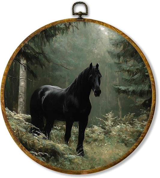 Hiuwevt Vintage Black Horse Round Wall Art Decor, Rustic Farmhouse Horse Framed Canvas Prints, Cottagecore Forest Animal Round Wall Hanging Decor for Home Bedroom Living Room Decorations, 10x10 Inches