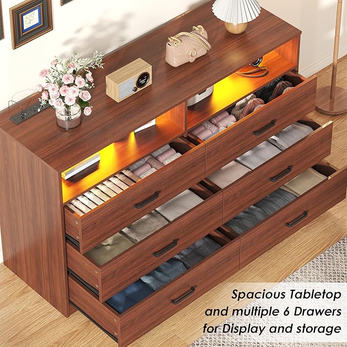 Bigbiglife Dresser for Bedroom, 6 Drawer Dresser with Charging Station and Led Light, Modern Chest of Drawers for Bedroom, Living Room (Walnut Brown)