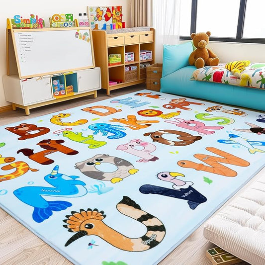 Kids Rugs for Playroom, 8x10 Feet Educational Rug for Learn The ABC Alphabet, Soft Machine Washable Non-Slip Cute Animal Carpet for Classroom Toddler Nursery Kids Room Decor Mat, Blue