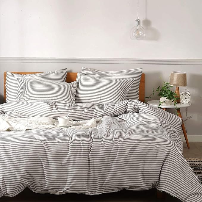 JELLYMONI Duvet Cover, 100% Natural Cotton, Printed Comforter Cover with Zipper Closure and Corner Ties (King XL 108×98 Inch, White Duvet Cover Set with Grey Stripes Pattern)