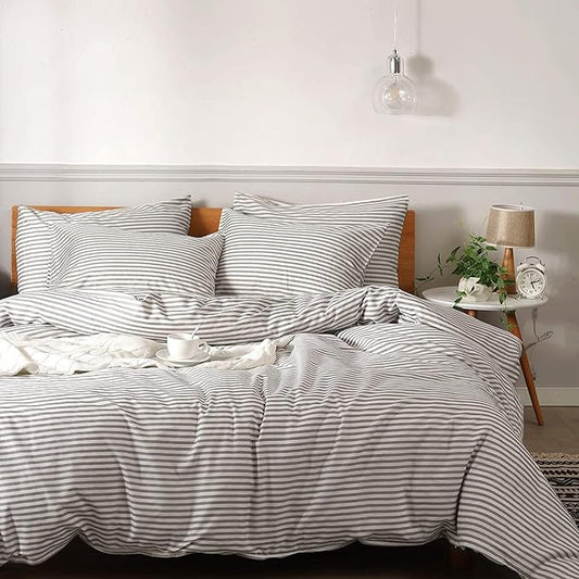 JELLYMONI Duvet Cover, 100% Natural Cotton, Printed Comforter Cover with Zipper Closure and Corner Ties (King XL 108×98 Inch, White Duvet Cover Set with Grey Stripes Pattern)
