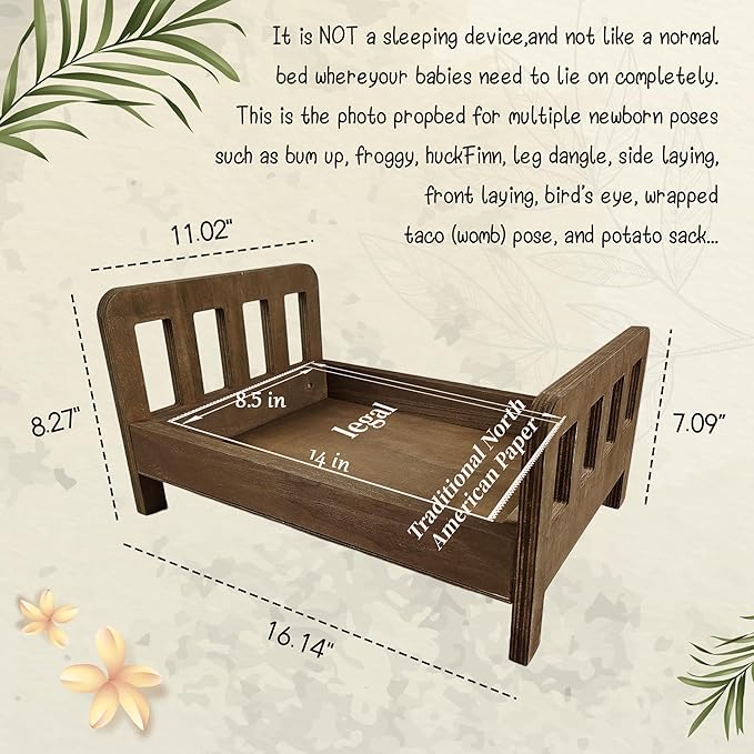 M&G House Brown Newborn Photography Props Wooden Bed Vintage Baby Photo Prop Baby Photoshoot Props Doll Bed Accessories Pretend Play Photoshoot Props