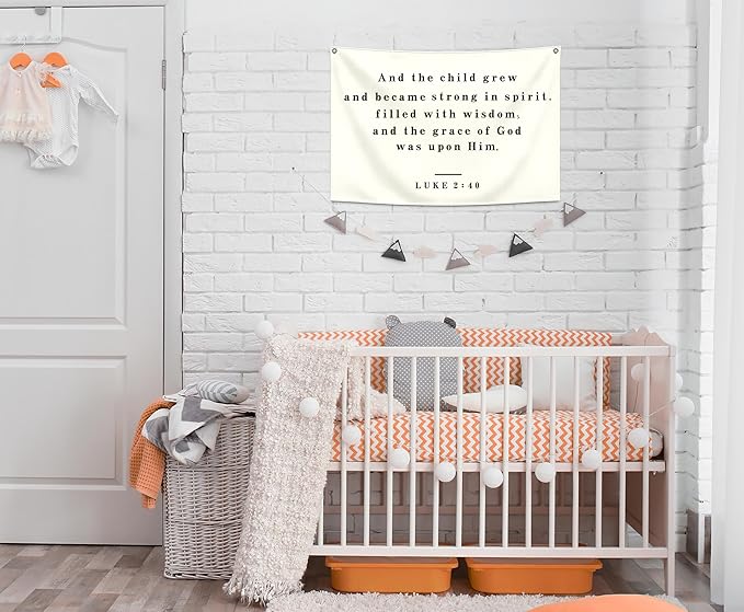 Christian Bible Verse Scripture Rectangular Banner Flag Wall Decor Gift for Baby Boy Girl Kid,Nursery Bedroom Reading Room Decor-and the Child Grew-Baby Present Shower,Birthday Christmas Gift