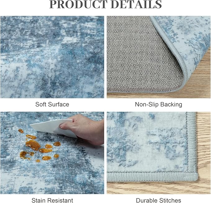 Area Rug 2x3 Washable Rug: Soft Small Entryway Rug with Anti-Slip Backing Non-Shedding Stain-Resistant Abstarct Modern Carpet for Kitchen Bedroom Indoor Front Entrance-Blue