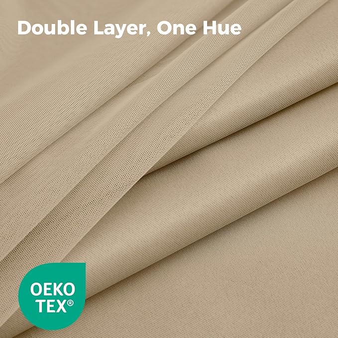 100% Blackout Curtains for Bedroom, Double Layer Khaki Curtains, Black Out Curtain 96 inch Long with Sheer Overlay for Living Room, Room Darkening Window Drapes with Grommet, 52" W x 96" L