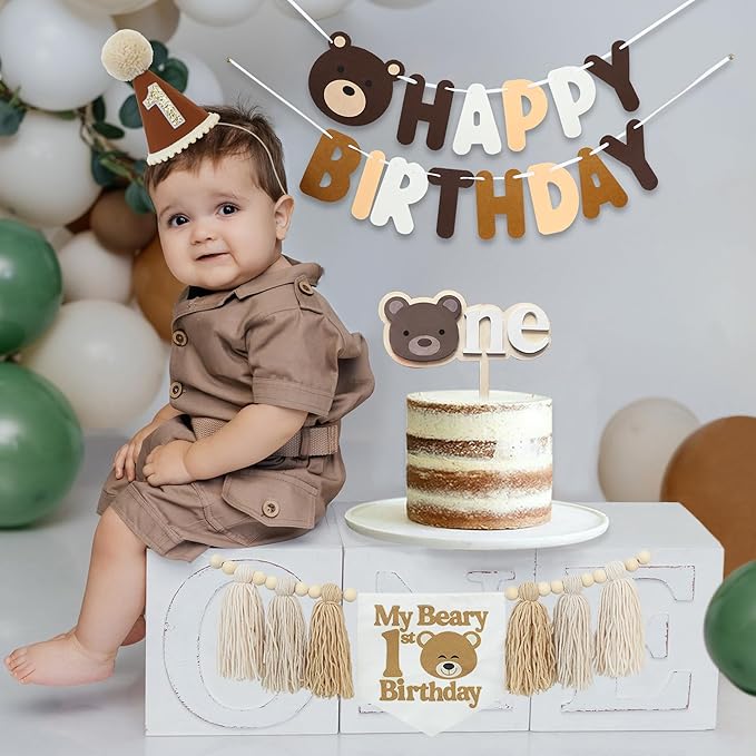 Bear 1st Theme First High Chair Banner For 1st Birthday Party Decorations With One Cake Topper