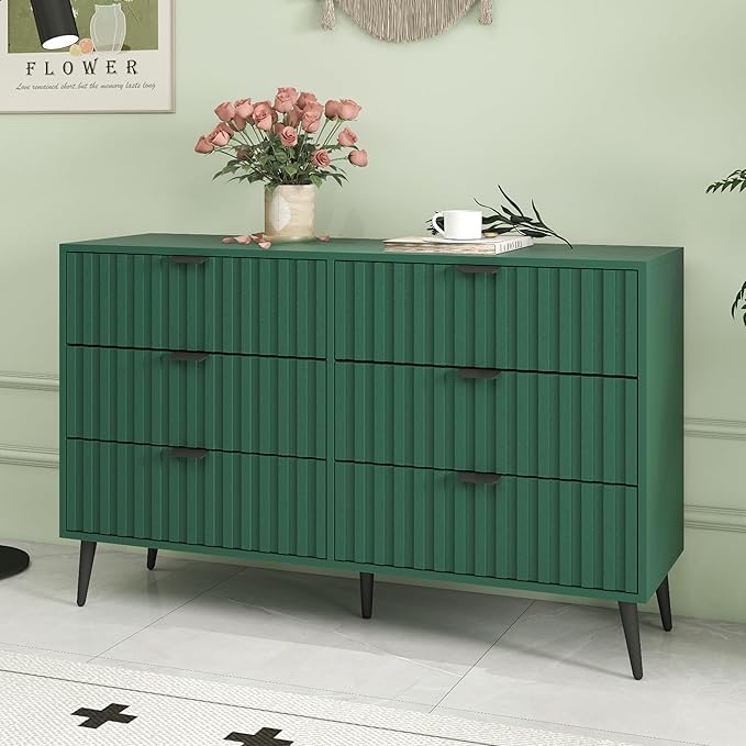 Fluted Dresser for Bedroom with 6 Drawers, 47'' Wide Modern Dresser with Metal Handle, Wood Dressers Organizer with Blister Drawers for Bedroom, Green